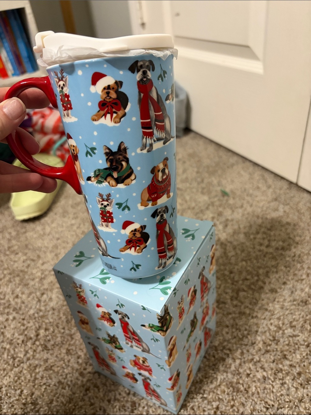 Holiday Dog Travel Mug with Red Handle - Light Blue
